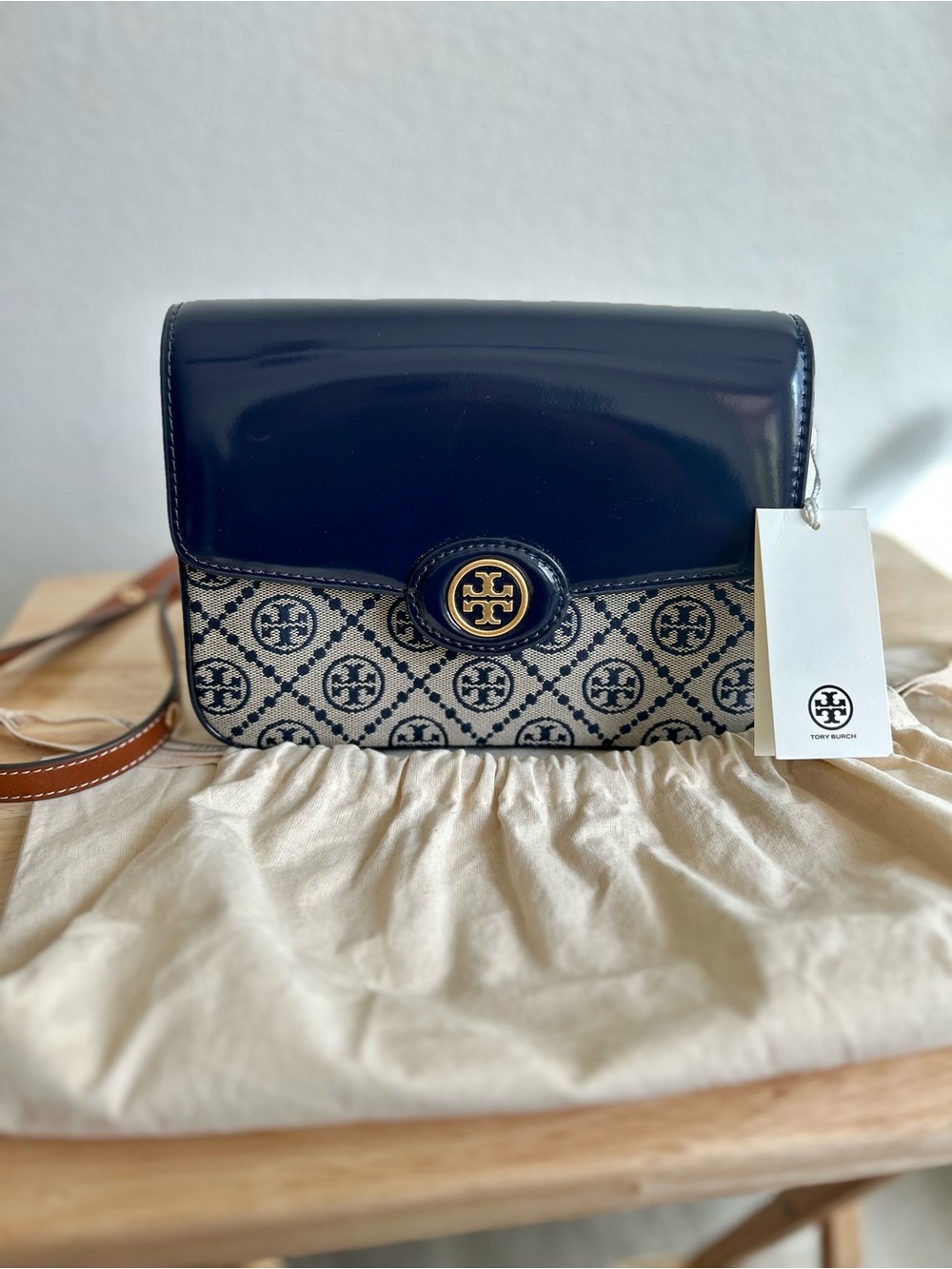 Tory Burch Navy and Beige Logo Crossbody Shoulder Bag with Gold Hardware